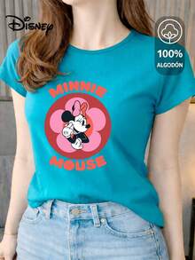 Women's T-Shirt Made Of 100% High-Quality Cotton. This T-Shirt Guarantees Exceptional Softness To The Touch, With A Round Neck, "Disney Minnie Mouse Flower" Print, And Short Sleeves. - 綠松石 - 查看 1