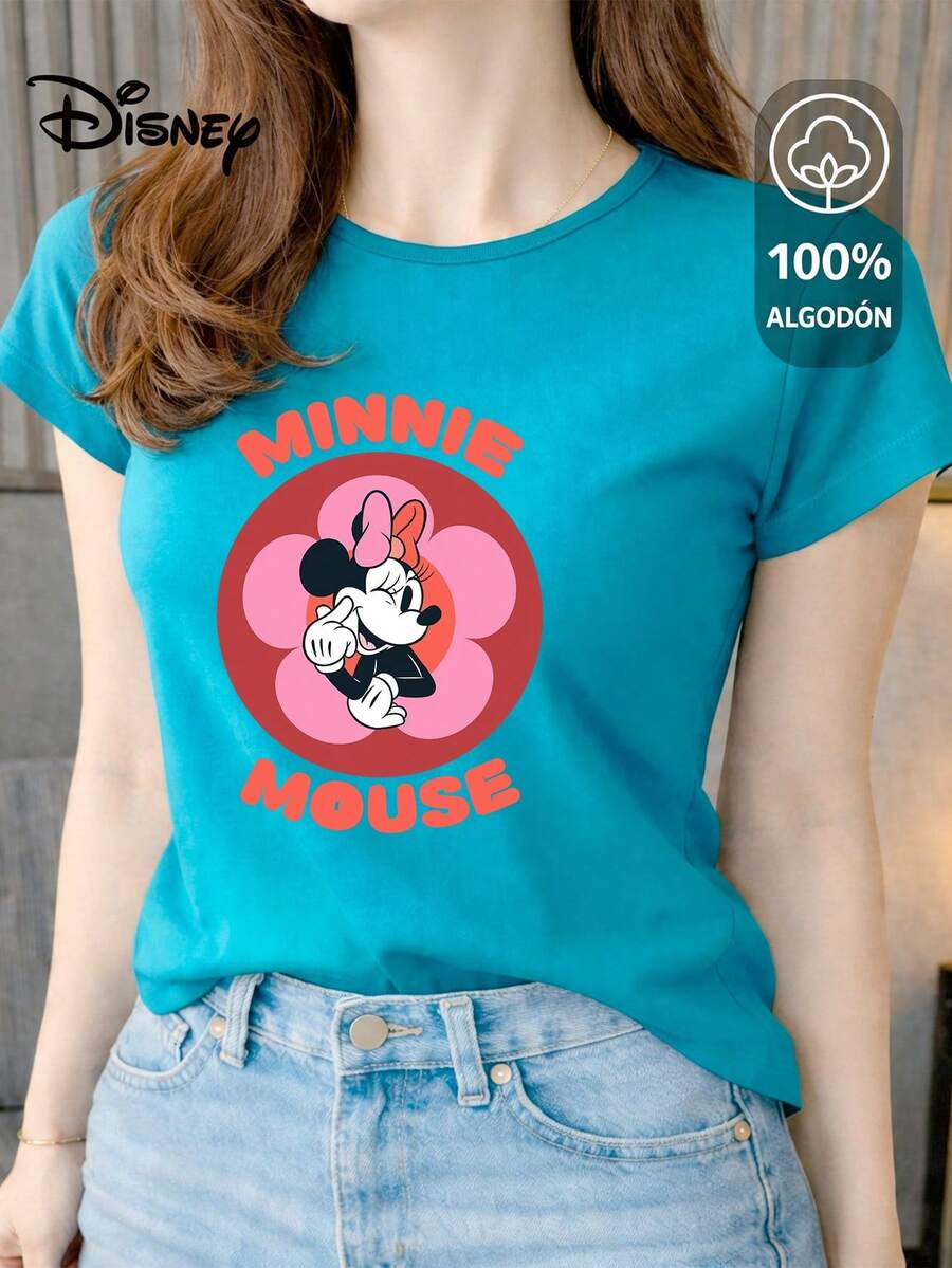 Women's T-Shirt Made Of 100% High-Quality Cotton. This T-Shirt Guarantees Exceptional Softness To The Touch, With A Round Neck, "Disney Minnie Mouse Flower" Print, And Short Sleeves. - 綠松石 - 查看 1