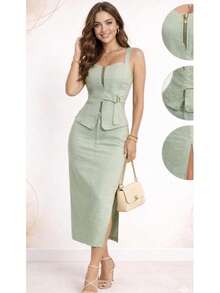 Two-Piece Set: Tank Top With Zipper + Long Skirt With Side Slit, Elegant And Chic. - verde menta - Ver 2