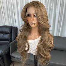 Peluca de encaje frontal de estilo japonés Kanekalon Futura de 13*6 en color marrón sintético para mujeres, cabello ondulado y rizado de 24 pulgadas de largo, sin pegamento, fibra sintética duradera Kanekalon, raya al medio, densidad del 150%, línea de cabello natural, de moda y versátil, adecuada para damas - Marrón - Ver 10