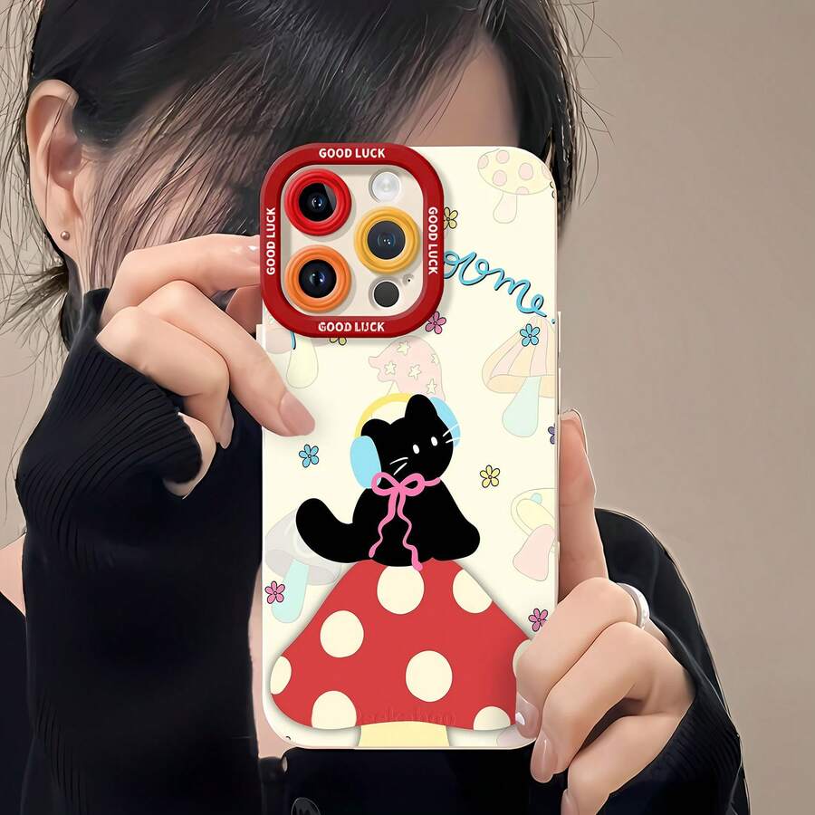 Funda para móvil con un bonito diseño de gato y setas, compatible con Samsung, Apple, VIVO, OPPO, y Honor. Fabricada en TPU, ofrece protección contra golpes y caídas. Un regalo perfecto para amigos y familiares. - Blanco - Ver 1