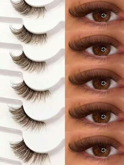7 Pairs Brown Half-Strip Eyelashes, Cat Eye Effect, Fluffy & Soft, Transparent Lash Band, Natural & Lengthening, Comfortable Reusable, Suitable For Daily Wear, Travel, Party Gift