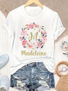 Vintage 100% Cotton T-Shirts With Personalized Floral And Letter Prints - Personalized T-Shirts With Floral Name Print, Gifts For Teachers/Mothers/Bridesmaids - Casual Round Neck Style, Decorated With Letter And Plant Patterns, Machine Washable And Suitable For All Seasons. - 白色 - 查看 1