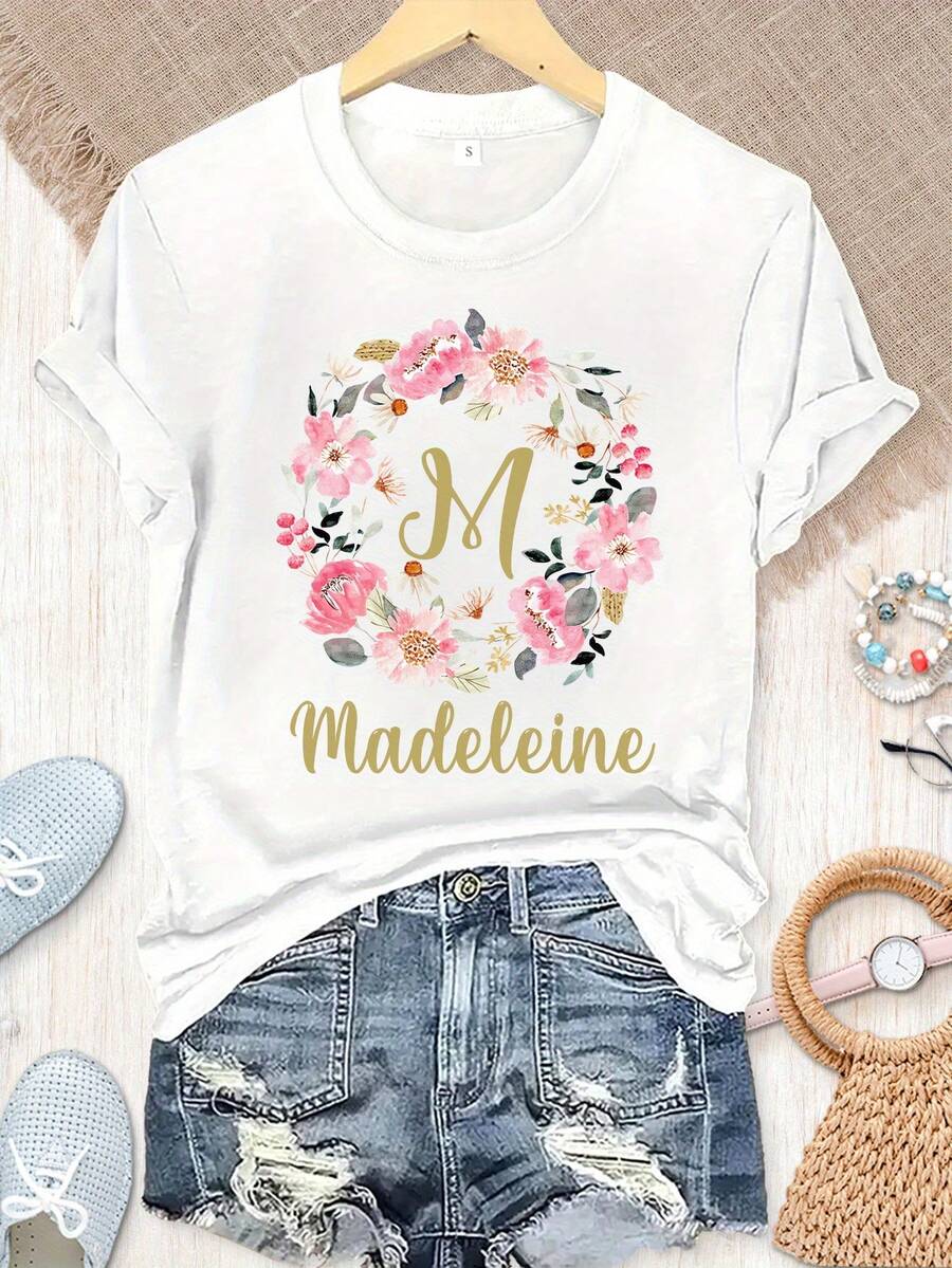 Vintage 100% Cotton T-Shirts With Personalized Floral And Letter Prints - Personalized T-Shirts With Floral Name Print, Gifts For Teachers/Mothers/Bridesmaids - Casual Round Neck Style, Decorated With Letter And Plant Patterns, Machine Washable And Suitable For All Seasons. - 白色 - 查看 1