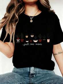 Estampado de plantas de cactus y macetas, camisetas de moda europea y americana, ambiente alegre, manga corta con cuello redondo de dibujos animados casuales, estilo Y elegante - Reuniones familiares y fiestas - Ropa de mujer a la moda [Consigue la sudadera de estilo minimalista de hoy] - Negro - Ver 5