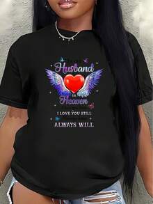 Camiseta de manga corta para mujer, con el tema "Esposo en el Cielo", diseño de corazón y alas, suave y cómoda, perfecta para aniversarios o para uso casual en casa.blusas para mujer>ropa - Negro - Ver 1