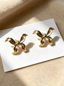 HOTNICE Khuyên tai nữ hình nơ thanh lịch - Thiết kế tối giản, trang sức thời trang ít gây dị ứng. - Vàng - Xem 3