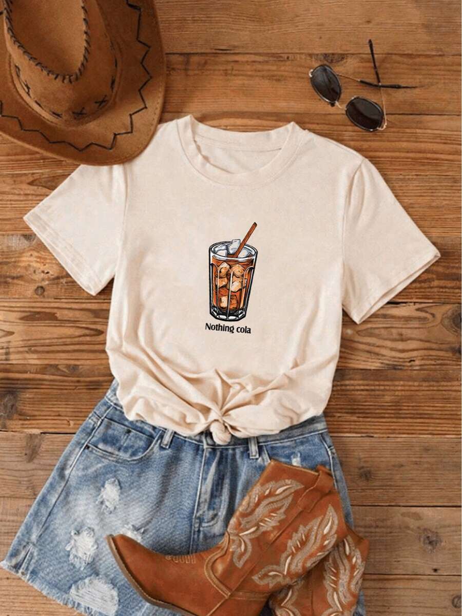 Camiseta Estampada para Mujer - Primavera Verano Casual Holgada Cuello Redondo Manga Corta | Diseño exquisito | Suelto y cómodo | Fácil de combinar | - Albaricoque - Ver 1