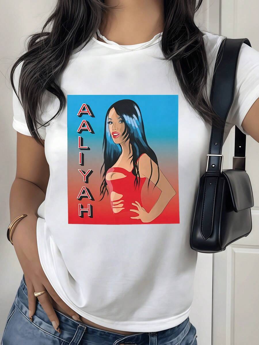 Female Figure With Long Blue Hair Against A Red And Light Blue Gradient Background Evoking Strength, Freedom, And Modern Beauty; Comfortable Casual Women's T-Shirt For Everyday Wear - 白色 - 查看 1