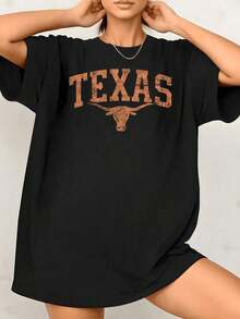 Women's T-Shirt With Texas Bull Graphic Print, Texas State Pride, 100% Cotton, Crew Neck, Casual Everyday Style, 1 Piece. They Are Excellent Gifts For Friends And Family. - 黑色 - 查看 7