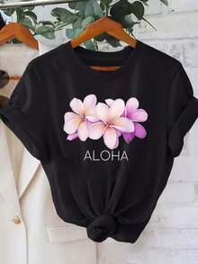 Camiseta de manga corta para mujer - Camisa hawaiana Aloha para mujer - Blusa de manga corta con estampado de flores de plumeria en rosa y blanco, ropa casual de playa adecuada para viajes a Hawái, conjuntos de primavera y verano, blusa elegante y lavable. - Negro - Ver 7
