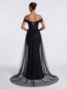 LOVE&LEMONADE Black Elegant Off Shoulder Flowing Mesh Patchwork Backless Criss-Cross Tie Mermaid Long Wedding Dress - Black - View 7