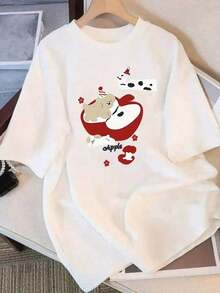 Camiseta Suave de Uso Diario para Mujer de Under The Radar - Diseño Adorable de Perro Manzana en Beige y Rojo, Corte Relajado, Cuello Redondo, Ideal para Atuendos Casuales, Fiestas y Vestimenta Informal - Camiseta Lavable a Máquina para Todas las Temporadas, Camiseta con Estampado Divertido, Tela Cómoda, Prenda Versátil, Estampado de Corazones, Material Transpirable, Camiseta de Manga Corta, Camiseta Unisex de Algodón de Manga Corta y Cuello Redondo Estilo Vintage Urbano para Mujer - Blanco - Ver 1