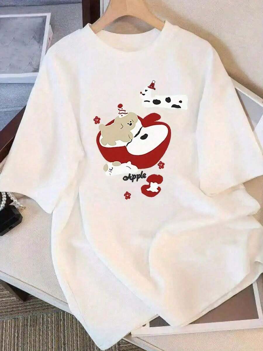 Camiseta Suave de Uso Diario para Mujer de Under The Radar - Diseño Adorable de Perro Manzana en Beige y Rojo, Corte Relajado, Cuello Redondo, Ideal para Atuendos Casuales, Fiestas y Vestimenta Informal - Camiseta Lavable a Máquina para Todas las Temporadas, Camiseta con Estampado Divertido, Tela Cómoda, Prenda Versátil, Estampado de Corazones, Material Transpirable, Camiseta de Manga Corta, Camiseta Unisex de Algodón de Manga Corta y Cuello Redondo Estilo Vintage Urbano para Mujer - Blanco - Ver 1