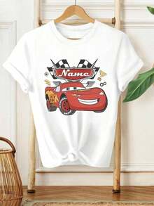 Cars Design Featuring  With The Word 'Name' And Racing Elements. New Women's Summer Short Sleeve T-Shirt, Casual And Stylish With Printed Designs, Elegant Women's Clothing / Short Sleeve T-Shirt 100% Cotton - 白色 - 查看 1