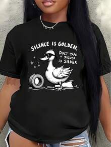 Polyester Short-Sleeved T-Shirt, Decorated With A Tape Design And The Playful Slogan "Silence Is Golden, Tape Is Silver," Suitable For Casual Wear At Home, In The Office, Or At A Restaurant. Lightweight And Durable. Women's Casual Blouse - 黑色 - 查看 7