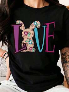 Camiseta de Pascua con Diseño Floral Love Bunny para Mujer, Regalo para el Festival de Primavera, Top con Estampado de Animal Bonito, Ropa Casual, 100% algodón puro, Camiseta para Mujer - Negro - Ver 7