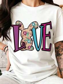 Camiseta de Pascua con Diseño Floral Love Bunny para Mujer, Regalo para el Festival de Primavera, Top con Estampado de Animal Bonito, Ropa Casual, 100% algodón puro, Camiseta para Mujer - Blanco - Ver 7