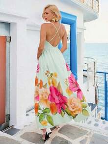 Vestido de mujer con cuello en V profundo, espalda descubierta y estampado floral para vacaciones de verano y playa - Verde - Ver 6