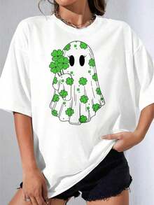 Women's T-Shirts For Gift, Short Sleeve, Casual Style For Parties, OneCute Ghost White T-Shirt With St. Patrick's Day Shamrock Print For Women, Casual Festival Wear, Soft. - 白色 - 查看 2