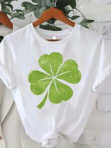 Women's Casual Loose Fit T-Shirt, Modern Minimalist Style, With Four Leaf Clover Symbol Print, Woven Fabric, Ideal For Spring/Summer, Machine Washable, Versatile For Daily And Party Wear, Natural Style Design, Casual For Everyday Use - 白色 - 查看 1