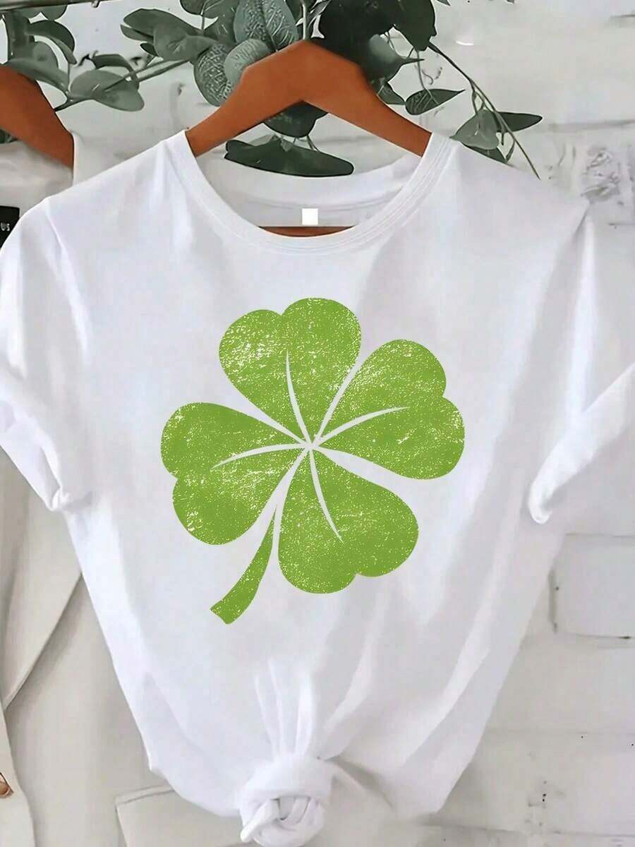 Women's Casual Loose Fit T-Shirt, Modern Minimalist Style, With Four Leaf Clover Symbol Print, Woven Fabric, Ideal For Spring/Summer, Machine Washable, Versatile For Daily And Party Wear, Natural Style Design, Casual For Everyday Use - 白色 - 查看 1