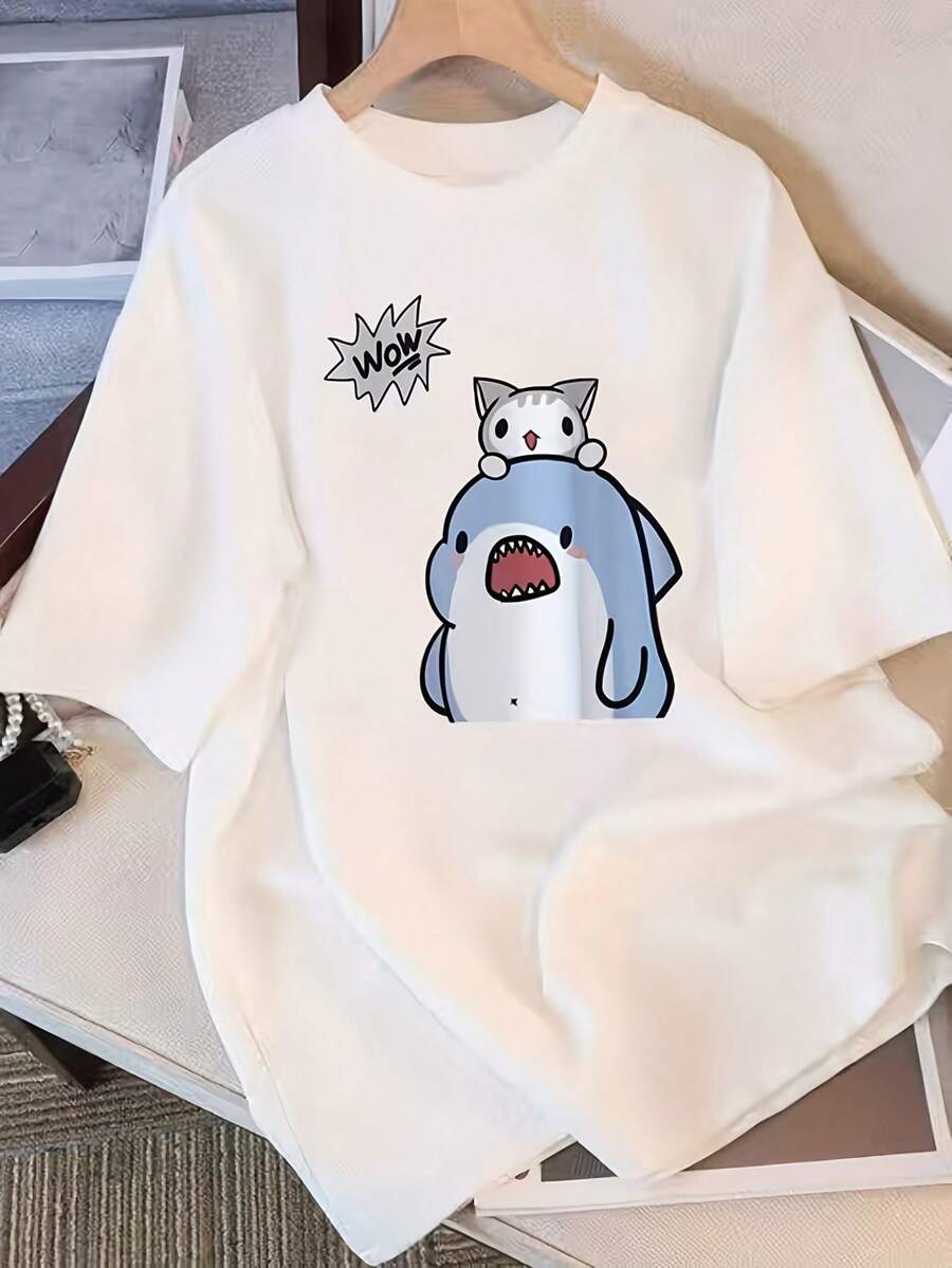 Ropa Moderna y Minimalista de Excelente Calidad en Oferta - Camiseta de Mujer Estilo Deportivo Casual, de manga corta, hecha de tela que absorbe el sudor, combinada con un diseño estampado, moderna y versátil para deportes, uso diario casual y diversas ocasiones, top casual de mujer para el día a día. - Blanco - Ver 1