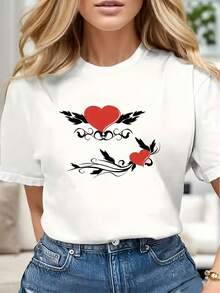 Modern Minimalist Women's T-Shirt, Standard Size, Printed With A Red Heart And Black Wings Design. | White Base, Perfect For Lounging At Home, Outdoor Activities, Or Sportswear. | The Ideal Choice For Vacations And Parties | Long Length, Short Sleeves, Casual For Everyday Wear - 白色 - 查看 7