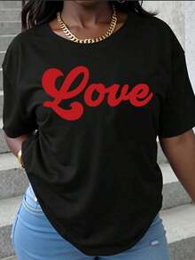 Women's Love Graphic T-Shirt, Casual Summer Top, Valentine's Day Gift, Red Print White Crewneck Tee - 黑色 - 查看 1