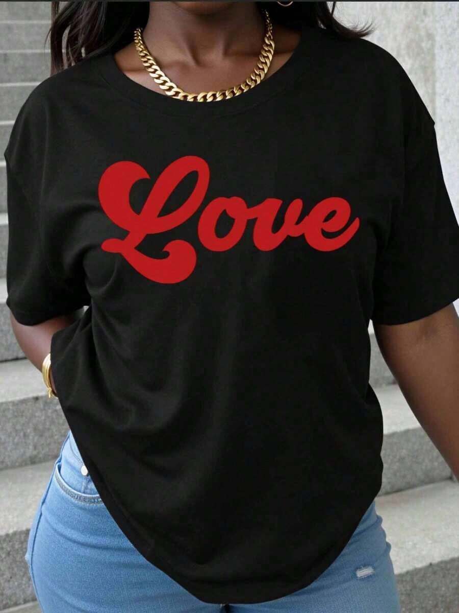 Women's Love Graphic T-Shirt, Casual Summer Top, Valentine's Day Gift, Red Print White Crewneck Tee - 黑色 - 查看 1