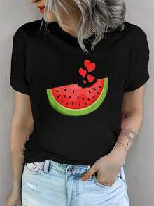 Women's Round Neck T-Shirt With A Watermelon Print, Casual And Elegant, Comfortable Fit, Suitable For All Seasons, Machine Washable. Perfect For Elegant Parties, Stylish Ladies, And Curvy Women. Pairs Well With Prom Skirts Or Casual Wear. Features An Adorable Animal Print, A Fun Letter Print, And Streetwear Style. - 黑色 - 查看 2