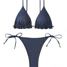 Classic Solid Color Bikini Swimsuit, Best Seller For Women, Sexy Swimwear For Beach Vacation. - Blue - View 5