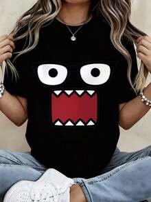 Limited Time Offer, Limited Quantity Available, Flash , Women's Shirts, Women's T-Shirts. Women's Fashionable T-Shirt With Cartoon Monster Face Design For Casual Wear And Everyday Outfits - 黑色 - 查看 10