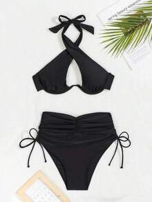 Conjunto de bikini 2025 para mujer con diseño de cruz calado, halter, sexy y con soporte de aros para el verano - Negro - Ver 4