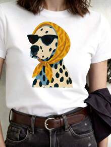 Women's T-Shirt With Heart And Dalmatian Dog Print, Scarf And Sunglasses, Loose Fit, Stretchy, Short Sleeves And Casual Round Neck, Plus Size T-Shirt In A Fashionable Casual Style, Ideal For Beach Vacations And Play, Comfortable And Versatile For Everyday Looks - 白色 - 查看 1