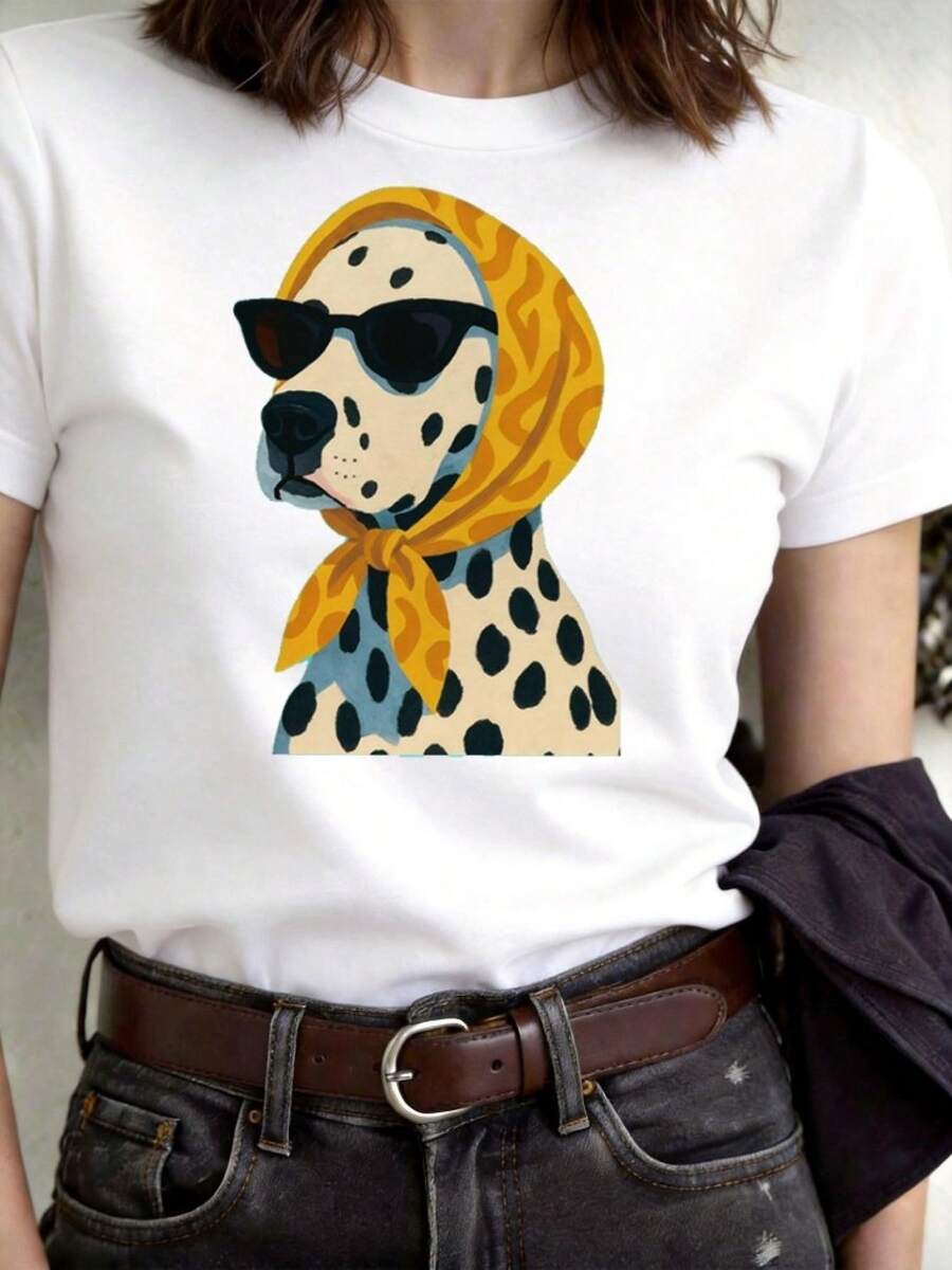 Women's T-Shirt With Heart And Dalmatian Dog Print, Scarf And Sunglasses, Loose Fit, Stretchy, Short Sleeves And Casual Round Neck, Plus Size T-Shirt In A Fashionable Casual Style, Ideal For Beach Vacations And Play, Comfortable And Versatile For Everyday Looks - 白色 - 查看 1