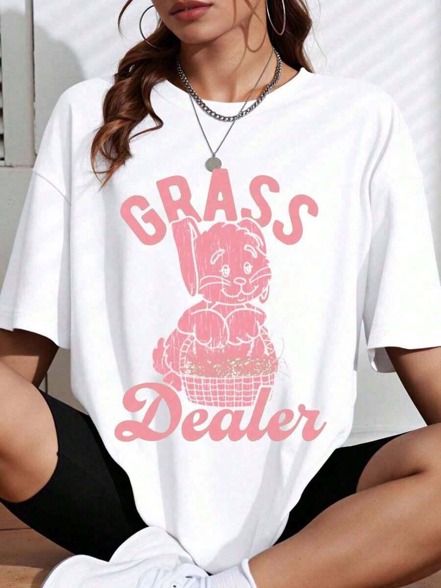 Suave Grass Dealer Women's Pink Rabbit Graphic T-Shirt, Oversized Black T-Shirt, Casual Summer Top, Urban Fashion Clothing, Casual Blouse For Women, Blouses For Women, Cotton T-Shirts For Women - 白色 - 查看 1