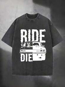 Men's And Women's 230g Washed T-Shirt With Cycling Or Motorcycling Theme Print, Men's Summer T-Shirt, Made Of High-Quality Cotton With Wax Print, Casual For All Seasons, Suitable For Urban And Outdoor Activities, Is The Perfect Gift For Festivals. - 黑色 - 查看 6