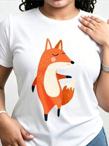 Women's Casual Sports T-Shirt With Cartoon Orange Fox Graphic - White Elastic Round Neck T-Shirt, Machine Washable, Comfortable Fit And Perfect For All Seasons, Fun And Playful Style. - 白色 - 查看 7