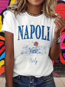 1 camiseta estampada estilo ciudadana de Nápoles, italiana, de manga corta, cuello redondo, informal, ropa de mujer para primavera/verano, 180g 100% algodón. - Blanco - Ver 2