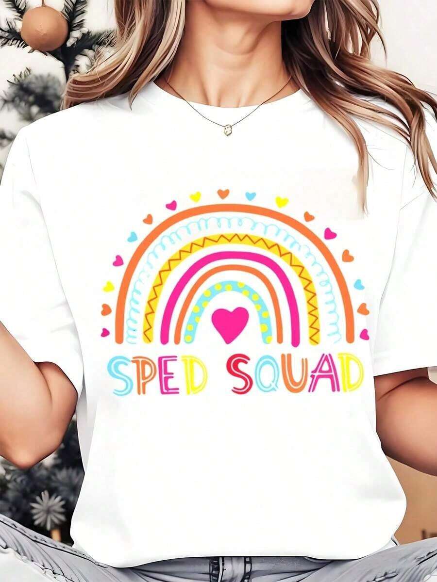 Soft, Breathable, And Lightweight For All-Day Comfort. Women's Plus-Size Crew Neck T-Shirt With Rainbow Heart Print, Casual Wear For School Teachers And Special Education Staff, 220g. Classic Crew Neck With A Relaxed Fit That Flatters All Body Shapes And Is Easy To Pair With Jeans, Shorts, And Leggings. - 白色 - 查看 1