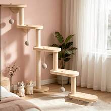 5-Tier Detachable Wall-Mounted Cat Tree With 4 Balls, Sturdy Multi-Layer Indoor Cat Activity Tree With Scratching Posts, Interactive Play And Exercise Furniture, Detachable Design Suitable For Indoor Cats, Essential Pet Supplies - Apricot - View 6