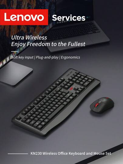  Lenovo KN230 2.4G Wireless Keyboard And Mouse Combo, 104-Key Full-Size Chocolate Keyboard, Ergonomic Optical Mouse, Silent Office Keyboard Mouse Set For PC Laptop Desktop Windows Home Office