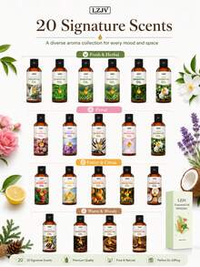 LZJV Bộ 20 loại tinh dầu nguyên chất, 100ml tinh dầu thảo mộc, thích hợp dùng cho máy tạo độ ẩm và máy khuếch tán, gồm các mùi hương: Oải hương, Hoa hồng, Bạc hà, Gỗ đàn hương, Dừa, Hoa anh đào, Tràm trà, Lô hội, Hương thảo, Vani, Khuynh diệp, Dầu thầu dầu, Cam ngọt, Chanh, Hoa nhài, Hoa dành dành, Quế, Cà phê, Dâu tây. Công dụng: Dưỡng da, chăm sóc da mặt và tóc, khử mùi cho phòng khách và phòng tắm, tuyệt vời cho máy khuếch tán, yoga, làm nến và xà phòng thủ công. - nhiều mùi hương - Xem 2