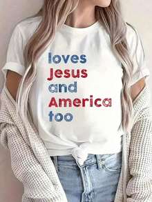 "God Christian 4th Of July Loves Jesus And America Too" Print T-Shirt For Summer, Soft Short Sleeve T-Shirt For Women, Stylish And Comfortable T-Shirt For Women, Graphic Tees, Blouses For Women, Casual Women's Clothing. - 白色 - 查看 1