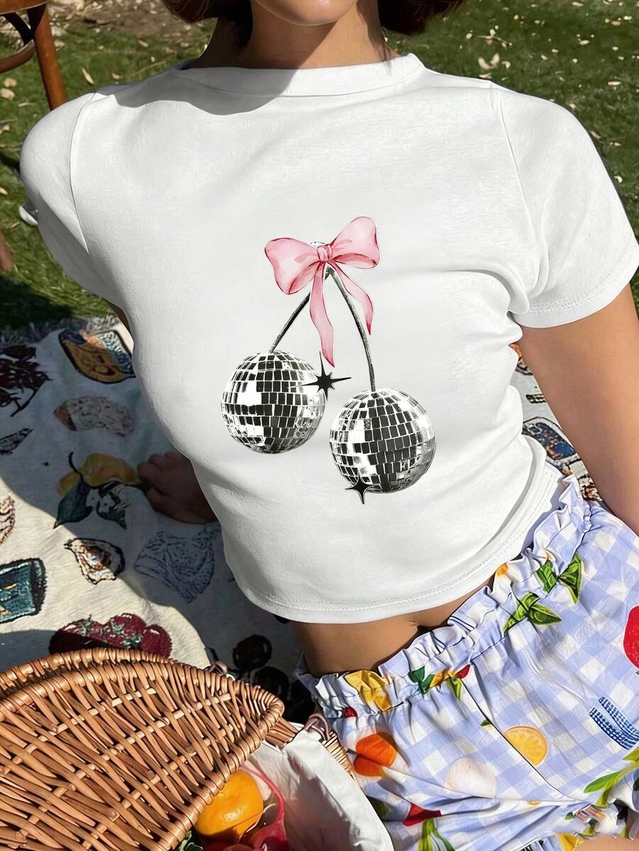 Camiseta corta de mujer de unicolor con cuello redondo y manga corta, con estampado de eslogan Kiss Disco, ropa casual de primavera/verano para mujer - Blanco 2 - Ver 1