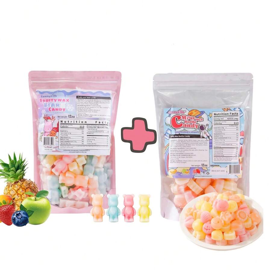 Gummy Glow [24oz Full Size Pack]12oz*2,Bear & Milk Wax Candy, 7 Fruit Jam Filling Strawberry Blueberry Pineapple Flavors, Reusable & Freezable ASMR Nostalgic Snack, Stress Relief Treat For Gaming Queue & Football Match Party,Perfect Novelty Gift.