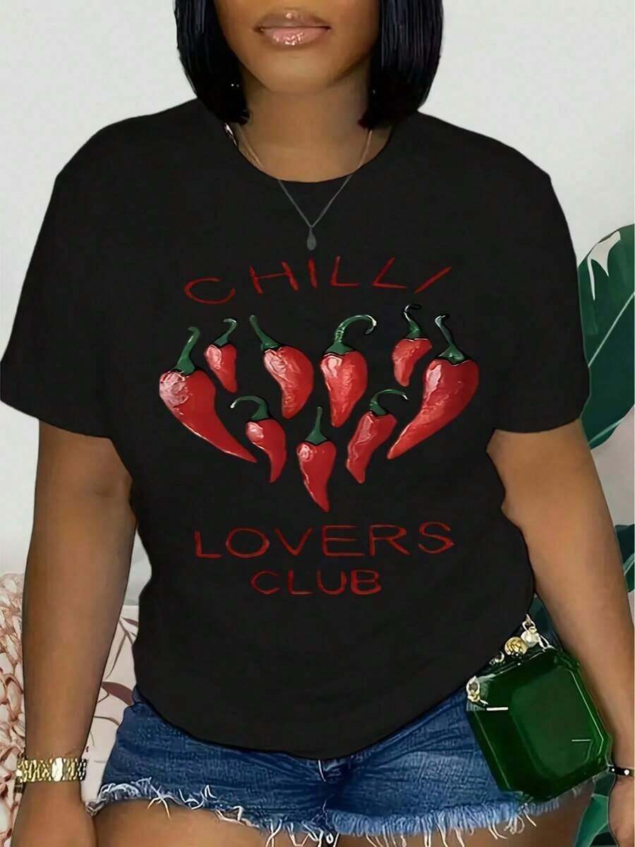 Women's Oversized Graphic Short Sleeve T-Shirt, Chili Lovers Club Print - White, Casual, Short Sleeve, With Heart-Shaped Chili Pepper Print, Semi-Sheer Stretch Fabric, Machine Washable, Middle Eastern Inspired Spring Design, 100% Cotton - 黑色 - 查看 1