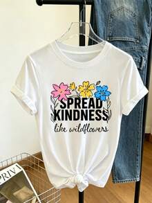 Women's Summer T-Shirt With Simple And Versatile Design, White Print "Spread Kindness Like Wildflowers," Colorful Floral Pattern With Pink, Yellow, And Blue Tricolor Flowers, Artistic Design With Hand-Drawn Fonts, Inspirational Phrase, Casual, Suitable For Beach Vacations And Outdoor Events, Cotton T-Shirt - 白色 - 查看 2