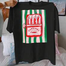 Camiseta de verano para mujer, Camiseta de algodón con estampado de sardina, cuello redondo, Material transpirable, Top informal de manga corta a la moda para mujer - Negro - Ver 1
